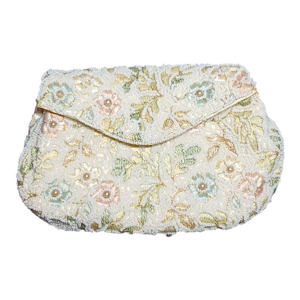 Mid Century 50s Jolles Original Beaded Floral Clutch Purse Pastel White